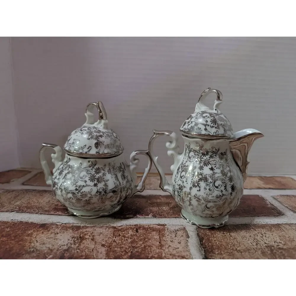 Vintage Ellepiesse Bavaria Miniature Tea Pot & Sugar Bowl Set – Silver & White